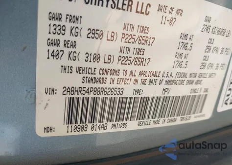 2008 Chrysler Town & Country Touring z USA, uszkodzony, nr VIN 2A8HR54P88R626533